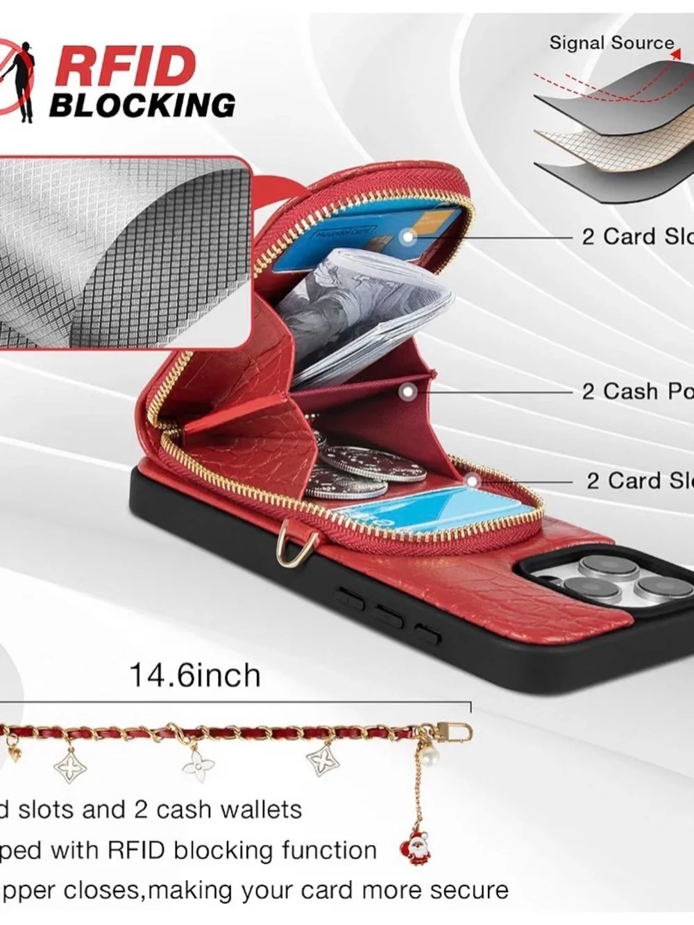 Phone Case for iPhone 16 Plus,Genuine Leather Zipper Wallet Purse Case, Red